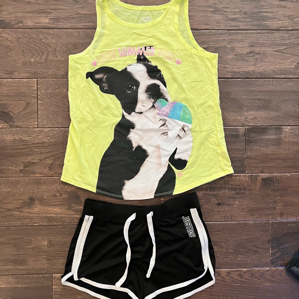 Justice Yellow Dog Print Tank Top and Black Shorts Set